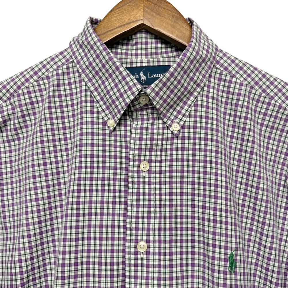 Ralph‎ Lauren Button Down Mens L Purple Green Plaid Classic Fit Long Sleeve Pony